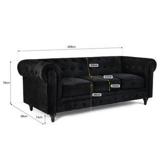 Black Velvet Chesterfield 3 Seater Sofa