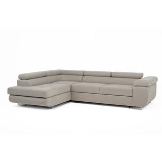 The PF Sofas SOFAINSTORE Ferrano beige fabric L-shaped corner sofa bed features a fold-out sleeper, hidden storage, and is set against a plain white background.