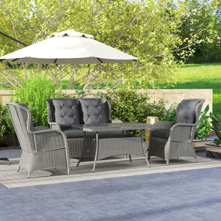 Outsunny Garden PE Rattan Dining Sofa Set, Outdoor 4 Seater Wicker Furniture, High Back Chairs with Cushions, Tempered Glass Coffee Table for Patio, Light Grey - Sofa In Store