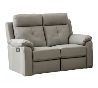 The Annaghmore Milano Moon Leather 2 Seater Sofa features light gray upholstery, padded arms and back, an electric recliner with side button control, and built-in USB charging for convenience.