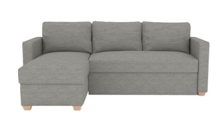 The Kyoto Oscar Dalton Steel Fabric Corner Sofa Bed in stylish grey arrives fully assembled, featuring three back cushions, a left-side chaise lounge, and short light wooden legs—perfect for any modern living room.