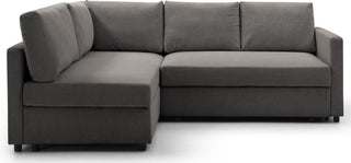 The Kyoto Clara Grey Fabric Corner Sofa Bed features a pull out design, built-in storage, and an L-shape—perfect for contemporary living spaces.