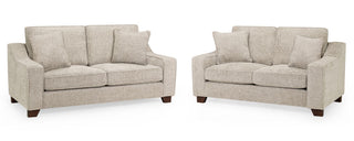 The Beehive Furniture Nebraska Beige Fabric 3+2 Seater Sofa set features matching back and side cushions, short dark wooden legs, and a luxurious design—perfect for elegant comfort against any white background.