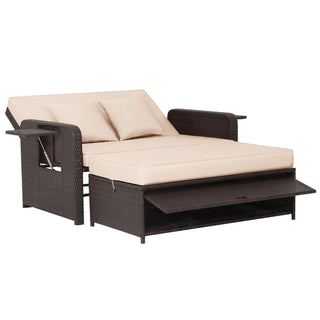 Patio Wicker Loveseat Sofa | Beige | Multipurpose Ottoman & Side Tray - Sofa In Store