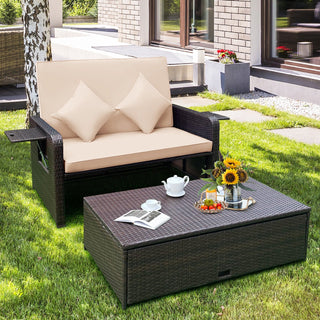 Patio Wicker Loveseat Sofa | Beige | Multipurpose Ottoman & Side Tray - Sofa In Store