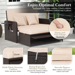 Patio Wicker Loveseat Sofa | Beige | Multipurpose Ottoman & Side Tray - Sofa In Store
