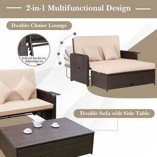 Patio Wicker Loveseat Sofa | Beige | Multipurpose Ottoman & Side Tray - Sofa In Store