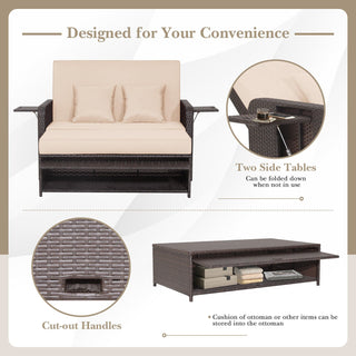 Patio Wicker Loveseat Sofa | Beige | Multipurpose Ottoman & Side Tray - Sofa In Store
