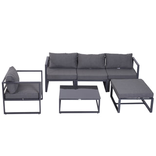Outsunny 6 PCs Outdoor Indoor Sectional Sofa Set Thick Padded Cushions Aluminium Frame 5 Seaters 1 Coffee Table Footrest Grey - Sofa In Store
