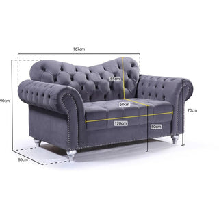The Jubilee Grey Velvet 2 Seater Sofa by Beehive Furniture features an elegant button-tufted design, rolled arms, and silver legs. Measuring 167x86x90cm with a 120x60cm seat, it’s perfect modern living room furniture.
