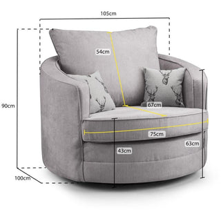 The Verona Swivel Grey Chair Sofa by Beehive Furniture features foam-filled cushions and a solid wood frame. Measuring 105cm W x 100cm D x 90cm H, seat depth 75cm, cushion width 67cm—luxurious comfort for any modern UK home.