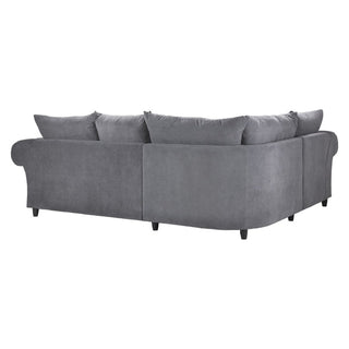The Beehive Furniture Windsor Fullback Grey Corner Sofa | Left Hand Facing features button-tufted arms, plush back cushions, and short black legs, shown upholstered in grey fabric from the back and side.