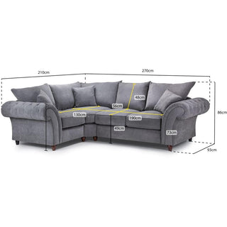 The Windsor Fullback Grey Corner Sofa by Beehive Furniture features button-tufted scroll arms, left hand facing. Dimensions: 270cm x 210cm, 86cm high, 93cm deep. Includes full cushion and back details.