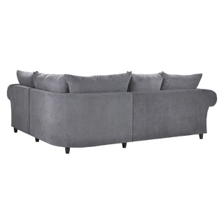 The Windsor Fullback Grey Corner Sofa by Beehive Furniture features an elegant right hand facing design with rounded armrests and matching cushions, ideal for modern living rooms. Shown from the back and side on a white background.