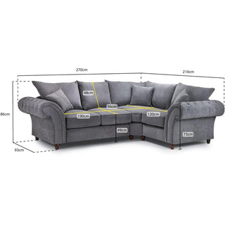 The Beehive Furniture Windsor Fullback Grey Corner Sofa (Right Hand Facing) blends elegance and comfort for modern living rooms, featuring 270x210cm sides, 86cm height, 93cm depth, seat widths: 190cm, 49cm, and 130cm.