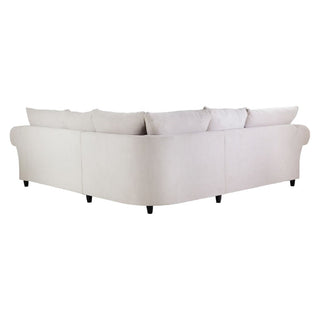 The Windsor Beige Fabric Large Corner Sofa by Beehive Furniture features plush cushions, elegant rolled arms, and clean lines with dark short legs, shown from behind at an angle to showcase its stylish L-shaped design.