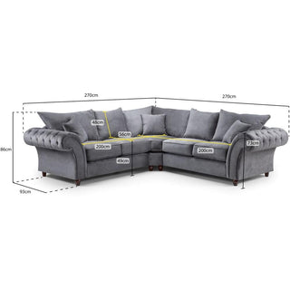 Grey L-shaped sectional sofa by Beehive Furniture, similar to the Windsor Beige Fabric Large Corner Sofa: 270x270cm overall, 86cm high, 93cm deep; seat height 48cm, seat depth 56cm, seat width 200cm, armrest width 23cm.