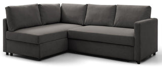 The Kyoto Clara Grey Fabric Corner Sofa Bed features clean lines, a right armrest, chaise lounge on the left, three seat and back cushions, pull-out design, built-in storage solution, and short black legs.