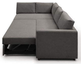 The Kyoto Clara Grey Fabric Corner Sofa Bed features a pull-out design with storage, three back cushions, a right-facing armrest, and converts to a flat sleeping surface.