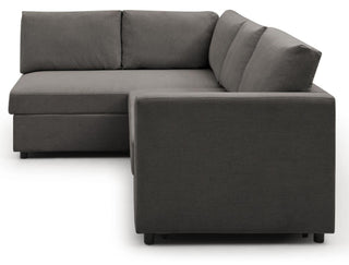 The Kyoto Clara Grey Fabric Corner Sofa Bed features a pull-out design, built-in storage, three back cushions, wide armrests, and low legs. Shown here in modern dark gray on a white background.