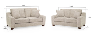 Two Nebraska Beige Fabric 3+2 Seater Sofas by Beehive Furniture are shown together, featuring elegant comfort, a luxurious modern design, wooden legs; left sofa: 196cm wide, right: 173cm; both 95cm high and 96cm deep.