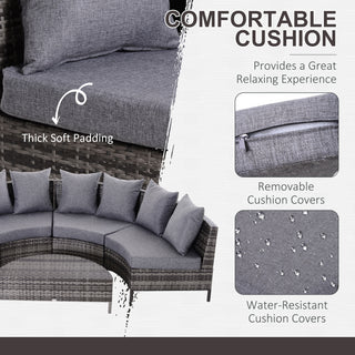 Outsunny 5 Pieces Rattan Garden Furniture Set, 4 Seater Half-Round Garden Sofa Set with Thickened Cushions, Wicker Conservatory Furniture with 4 Chairs, Rattan Coffee Table and Pillows, Grey - Sofa In Store