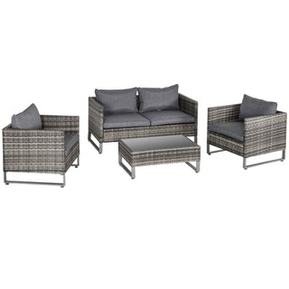Outsunny 4 Pieces PE Rattan Garden Furniture with Cushion, Outdoor Wicker Conservatory Sofa Set w/ Armchairs, Loveseat, Glass Top Coffee Table, Dark Drey - Sofa In Store