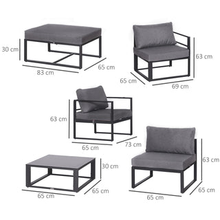 Outsunny 6 PCs Outdoor Indoor Sectional Sofa Set Thick Padded Cushions Aluminium Frame 5 Seaters 1 Coffee Table Footrest Grey - Sofa In Store