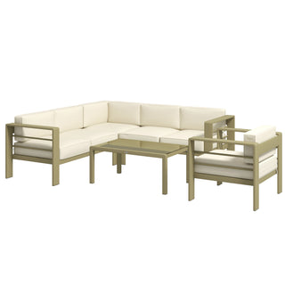 Outsunny 5-Piece Garden Sofa Set with Cushions, Aluminium Garden Furniture Sets with Glass Top Coffee Table, Patio Sectional Furniture Set, for Patio & Deck, Gold Tone - Sofa In Store