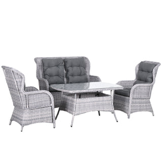 The Outsunny Garden PE Rattan Dining Sofa Set seats 4 and includes high back chairs with cushions and a tempered glass coffee table, perfect for patios. Outdoor wicker furniture in mixed grey for comfort and style.