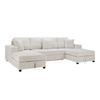 SOFAINSTORE Milan Max U-Shape Corner Sofa Bed – Beige Fabric, Storage, Cupholders, Pull-Out Sleeper
