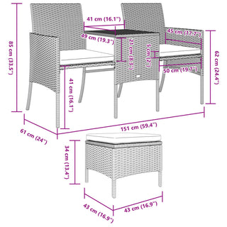 vidaXL Garden Sofa 2-Seater with Table and Stools Grey Poly Rattan - Sofa In Store