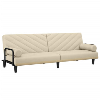 The vidaXL Sofa Bed with Armrests in cream fabric features a chevron-patterned backrest, cylindrical armrests, black side supports, and tapered black legs, all showcased against a plain white background.