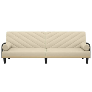 A vidaXL Sofa Bed with Armrests in cream fabric features modern design, diagonal tufted upholstery, black legs, and matching cylindrical armrest pillows, shown from the front against a white background.