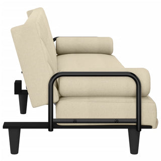 Side view of the vidaXL Sofa Bed with Armrests in Cream Fabric, featuring a black metal frame, cushioned seat and backrest, short angled legs, and a cylindrical pillow on the seat. Brand: vidaXL.