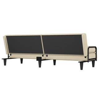 The vidaXL Sofa Bed with Armrests in cream fabric features black metal armrests, black legs, and a split backrest with dark rear panels, shown here from the back.