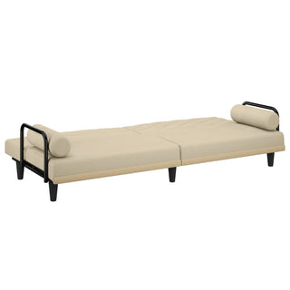 The vidaXL Sofa Bed with Armrests Cream Fabric by vidaXL features black metal armrests, short black legs, matching cylindrical pillows, and a beige upholstered finish for a modern minimalist look.