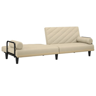 The vidaXL Sofa Bed with Armrests Cream Fabric features a quilted backrest, two cylindrical armrest pillows, black metal supports, and four short black legs—offering comfort and elegance for any modern space. Brand: vidaXL.