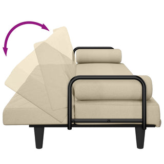 Side view of the vidaXL Sofa Bed with Armrests Cream Fabric, featuring black metal armrests and legs. The backrest reclines to multiple positions, highlighted by a purple arrow showing its adjustable design. Brand: vidaXL.