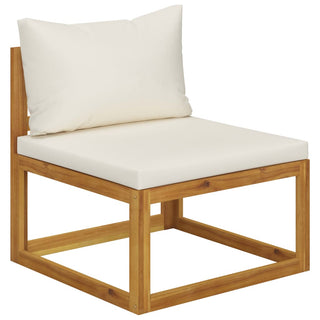 The vidaXL SOFAINSTORE 2 Seater Outdoor Sofa Set features a minimalist design with a solid acacia wood frame and cream cushions for seat and back, perfect for modern outdoor spaces.