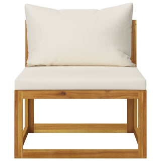 The vidaXL SOFAINSTORE 2 Seater Outdoor Sofa Set features a minimalist design crafted from solid acacia wood with thick cream cushions for seat and back, offering simple, modern comfort.