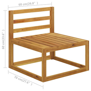 The vidaXL SOFAINSTORE 2 Seater Outdoor Sofa Set features a minimalist solid acacia wood frame, slatted back and seat, and cream cushions for comfort. Dimensions: 68x70x60 cm (26.8x27.6x23.6). Shown against a white background.