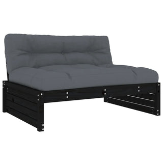 The vidaXL Middle Sofa Black 120x80 cm Solid Wood Pine features a black pine loveseat frame with thick, tufted dark gray cushions for stylish outdoor seating. Brand: vidaXL. Model: 825762. Shown against a white background.