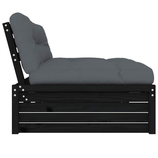 Side view of the vidaXL Middle Sofa, a modern black solid pine lounge chair (120x80 cm) with thick tufted gray cushions, boxy design, and horizontal slats on the base—perfect for stylish outdoor seating.