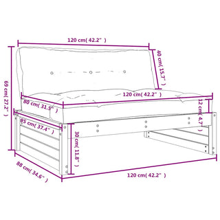 Line drawing of a vidaXL Middle Sofa Black 120x80 cm (model 825762), with labeled width 120 cm, height 69 cm, seat depth 80 cm, thickness 12 cm—ideal for outdoor seating, made from solid pine wood.