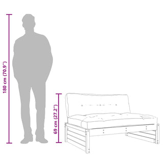 A diagram shows a person (180 cm) next to the vidaXL Middle Sofa Black 120x80 cm Solid Wood Pine, which is 69 cm high, comparing their heights for outdoor seating. Brand: vidaXL. Product code: 825762.
