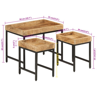 vidaXL Nesting Coffee Tables 3 pcs Solid Rough Mango Wood and Iron - 372732 - Sofa In Store