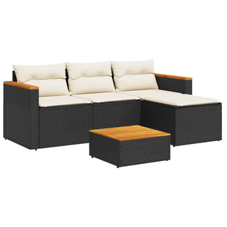vidaXL 5 Piece Garden Sofa Set with Cushions Black Poly Rattan Acacia - 3213537 - Sofa In Store