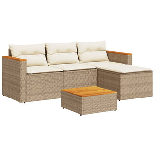 vidaXL 5 Piece Garden Sofa Set with Cushions Beige Poly Rattan Acacia - 3213539 - Sofa In Store