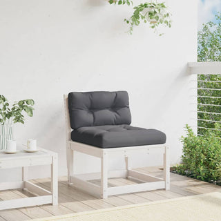 The vidaXL Garden Sofa with Cushions in white solid pine wood features thick dark gray cushions and sits on a light wooden deck beside a white side table with potted plants, surrounded by greenery and a white railing.